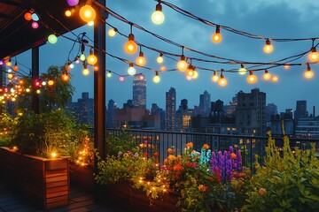Naklejka premium A rooftop garden overlooking a city , adorned with vibrant string lights that create an inviting atmosphere for evening gatherings.