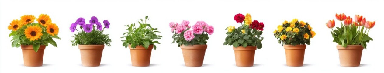 Colorful potted flowers, white background, gardening, spring