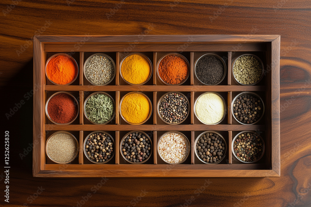 Poster wooden box with many different spices in it. the spices are in small containers and are arranged in 