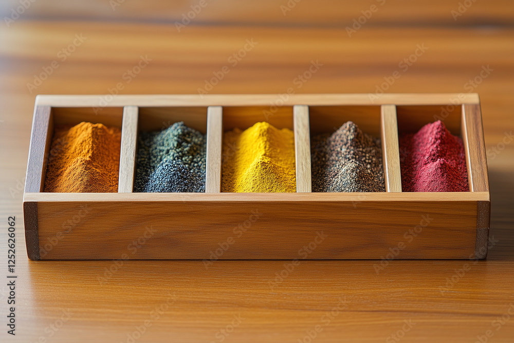Poster wooden box with a variety of spices in it. the spices are in different colors and sizes