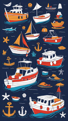 Whimsical boats sail on a dark sea, surrounded by starfish and anchors in a playful, hand-drawn nautical scene. Ocean adventures await!
