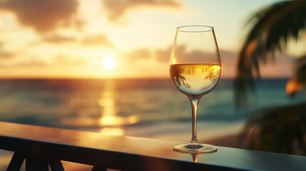 Obraz premium A glass of wine on the balcony overlooking an ocean view at sunset