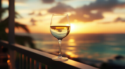 Obraz premium A glass of wine on the balcony overlooking an ocean view at sunset