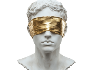 Isolated Blindfolded Statue Head with Textured Golden Band Covering Eyes