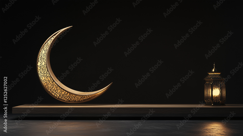 Fototapete 3d rendering banner background of a crescent moon and lantern for ramadan kareem celebration with co