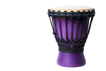 Isolated Purple Djembe Drum with Braided Cord and Carved Base