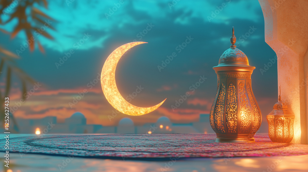 Fototapete 3D rendering banner background of a crescent moon and lantern for Ramadan Kareem celebration with copy space, text area on the right side
