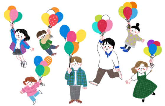 風船を持って飛んでいるいろんな年齢の人物のイラストセット - Powered by Adobe