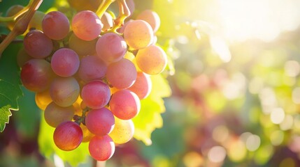 A rural grape farm with workers picking grapes under the bright sun