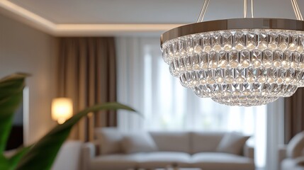 Elegant crystal chandelier illuminating a tastefully designed living room with a modern aesthetic and muted color palette