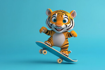 Obraz premium Playful cartoon tiger skateboarding on a blue background, showcasing fun and adventure in motion
