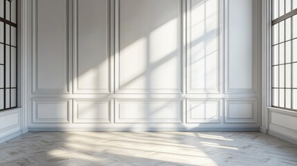 Elegant white room featuring classic wall paneling with herringbone floor and natural light through mullioned windows