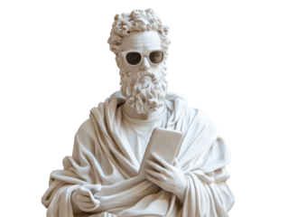 Isolated Statue of Marcus Aurelius Wearing Sunglasses and Holding a Tablet