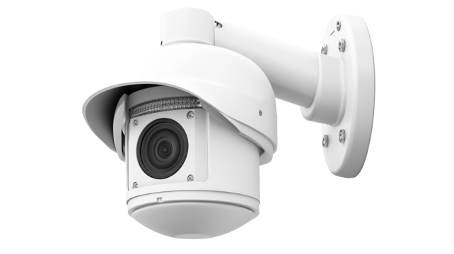 Isolated White Surveillance Camera with Protective Hood and Wall Mount