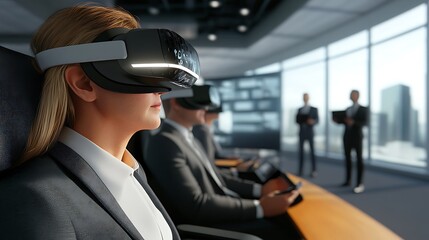 Woman wearing a VR headset participates in a modern business meeting for showcasing the innovative use of technology in the corporate world concept.