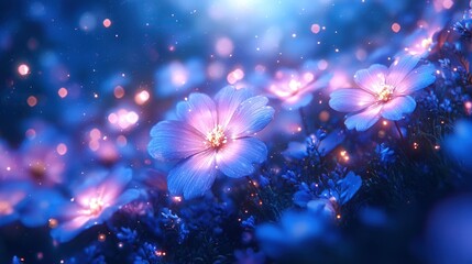Celestial garden blooms with enchanting flowers glowing under a starlit sky and shimmering lights