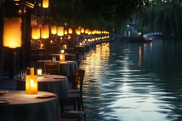 Fototapeta premium A serene riverside cafe featuring tables lined with glowing lanterns, offering soft reflections on the water and creating a cozy ambiance for diners.