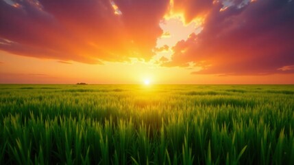 Fototapeta premium Serene Sunset over a Verdant Field of Grass, Bathed in Warm Golden Light, with a Vibrant Sky Displaying Hues of Orange, Pink, and Purple