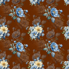 "Elegant Blue and Yellow Floral Pattern on a Rich Brown Background – Vintage Botanical Wallpaper"