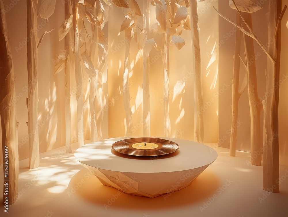 Poster creating a serene atmosphere with vintage vinyl in a soft forest setting