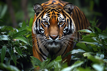 Fototapeta premium Tiger emerges from jungle foliage, intense stare