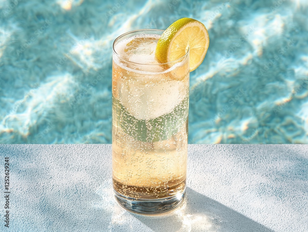 Poster refreshing sparkling drink with lemon slice by the poolside summer vibes clear water background