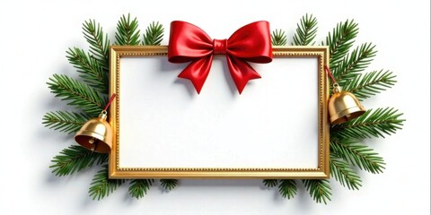 A Festive Gold Frame Adorned with Evergreen Branches, a Vibrant Red Bow, and Golden Bells, Ideal for Holiday Greetings