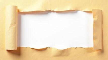 Fototapeta premium A Rolled-Up Pale Yellow Paper with a Torn Rectangular Opening Revealing a Blank White Background
