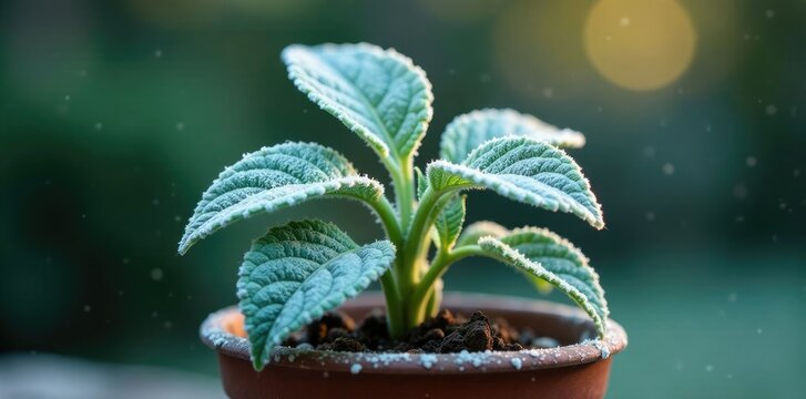 Creamy frost on homalomena leaves and stems in pot, frosty, plant
