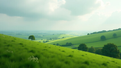 Obraz premium Green Rolling Hills with Cloudy Sky Copy Space