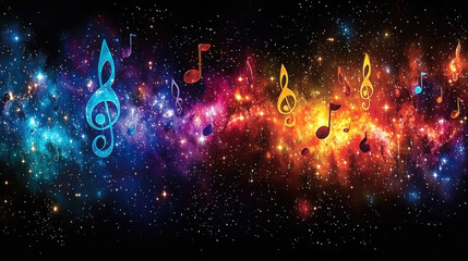 Colorful music notes float in vibrant nebula space background, ideal for music-themed projects