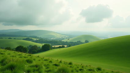 Obraz premium Green Rolling Hills with Cloudy Sky Copy Space