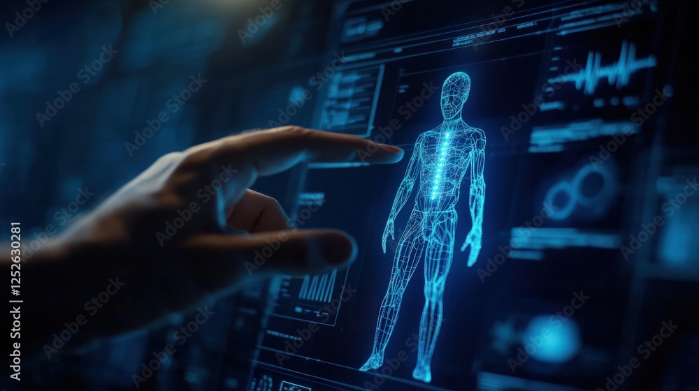 Poster digital hand interacts with 3d body scan on futuristic screen