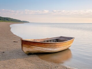 Wooden Rowboat on Sandy Beach at Sunset
