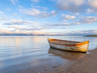 Fototapeta premium Serene Sunset Old Wooden Rowboat on a Calm Shore.