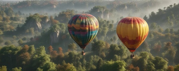 Fototapeta premium Hot air balloon with colorful stripes rises above the treetops, outdoor adventure, nature, explore