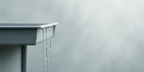 Close-up view of water dripping from a gray rectangular container's edge, showcasing the texture and flow of the liquid against a softly blurred background.