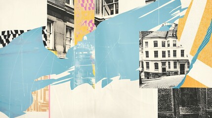 Engaging collage showcasing a blend of vintage photographs and artistic elements, highlighting iconic buildings and lively street scenes in a black and white urban environment