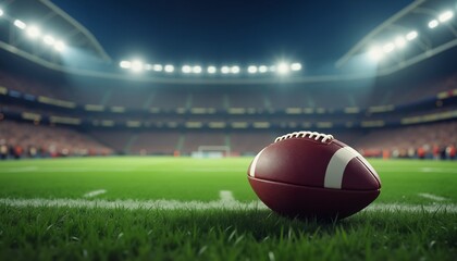 American football on vibrant green field in stadium lighting, sports event promotion