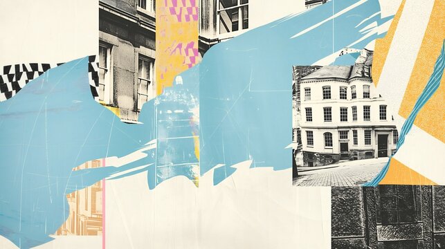 Engaging collage showcasing a blend of vintage photographs and artistic elements, highlighting iconic buildings and lively street scenes in a black and white urban environment