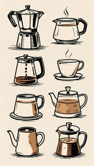 A collection of different styles of hand-drawn coffee and tea brewing equipment, including a moka pot, carafes, and a teacup.