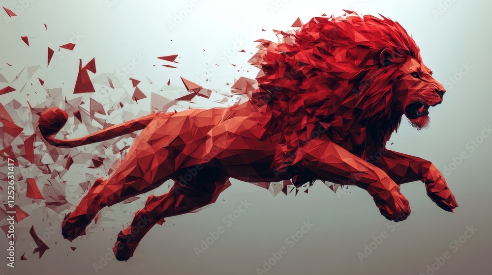 Poster intense large male lion leaping through the air rendered in red polygon shape art the angular facets