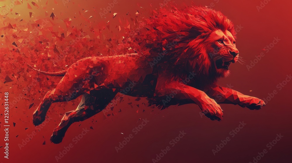 Poster intense large male lion leaping through the air rendered in red polygon shape art the angular facets