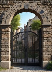 Iron gate with arched top and wooden beams surrounding an old stone arch, entrance, doorway, beams