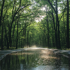 Obraz premium Sunlit forest road after rain with puddle reflection