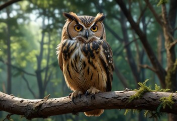 Fototapeta premium Large owl with rounded head and ear tufts perched on a branch in the forest canopy, tree branches, woodland creatures, hooting bird