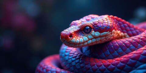 Fototapeta premium A vibrant red and blue snake, coiled and resting, showcases intricate scales and a captivating gaze.