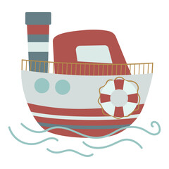 Hand drawn motor ship in flat style. Vector sea life object for your design.