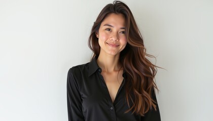 Obraz premium Smiling young woman in black shirt, neutral background, lifestyle branding