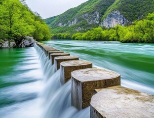 Fototapeta premium Row of concrete dam walls with flowing water, surrounded by nature and hills